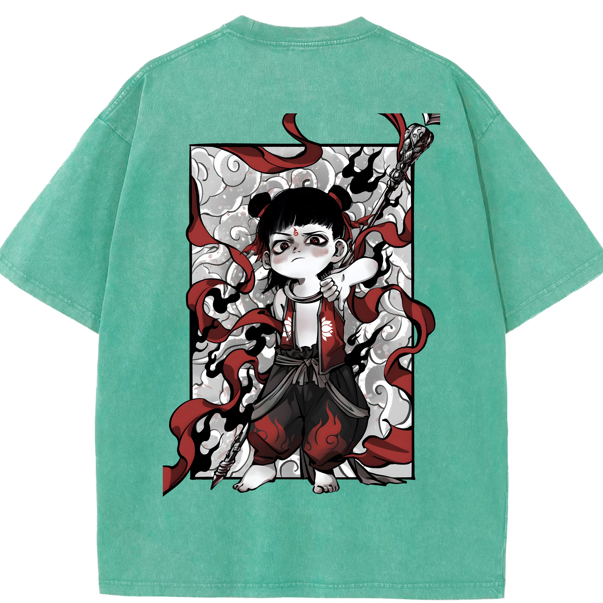 （画像用） Ne Zha 2 ナタ 魔童の大暴れ 綿100% ヴィンテージ風 半袖Tシャツ（背面プリント）